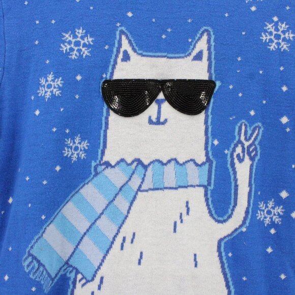 Mad Engine Christmas Sweater Womens Large L Blue Knit Stay Chill Cat Graphic Y2k - Picture 5 of 9